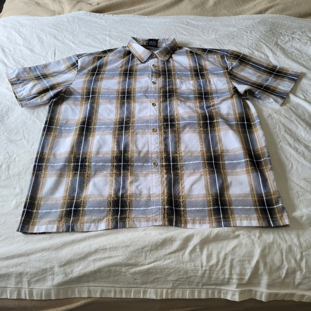 Yago Shirt Mens 3XL Short Sleeve Shirt Black Tan White Plaid Outdoor Casual